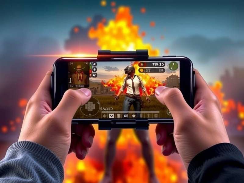 PUBG Mobile gamepad trigger fire accessory attached to smartphone held by an Indian gamer in action