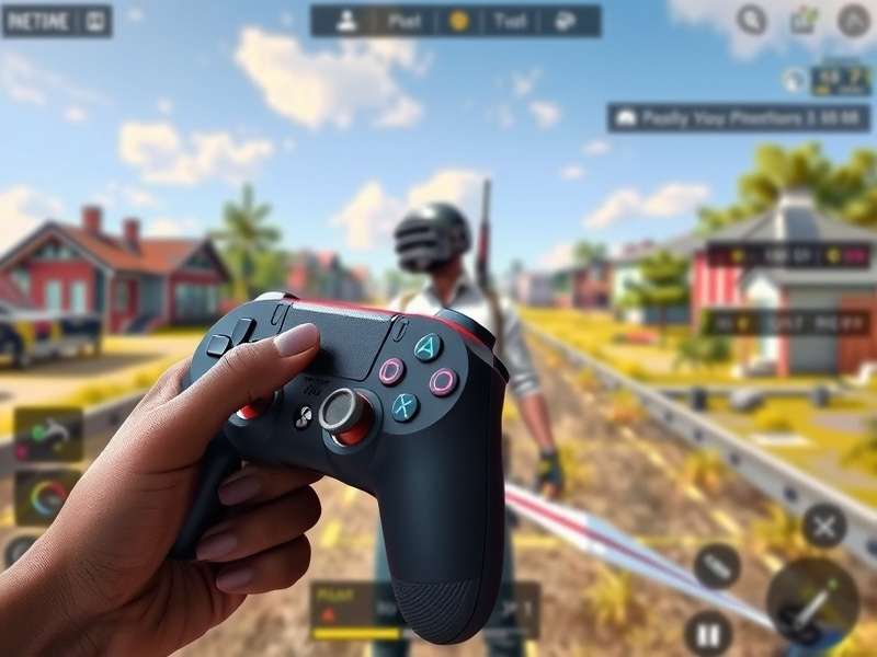 PUBG Mobile Controller setup with gamepad, smartphone and trigger buttons on a desk